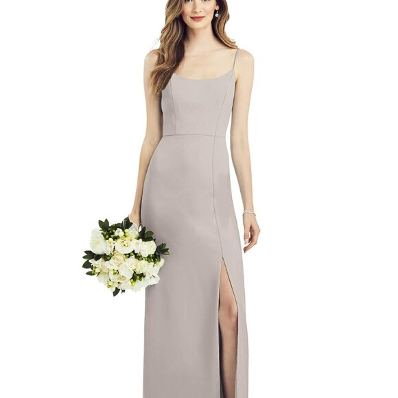 After Six 6822..Spaghetti Strap V-Back Crepe Gown with Front Slit...Taupe...Sz 2 - Picture 1 of 6
